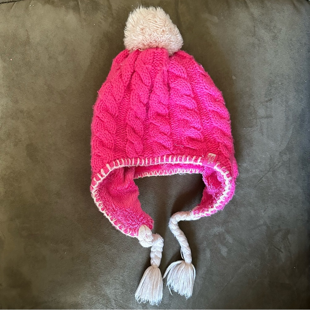 The North Face Bright Pink Cable Knit Ear Flap Peruvian Sherpa Hat
